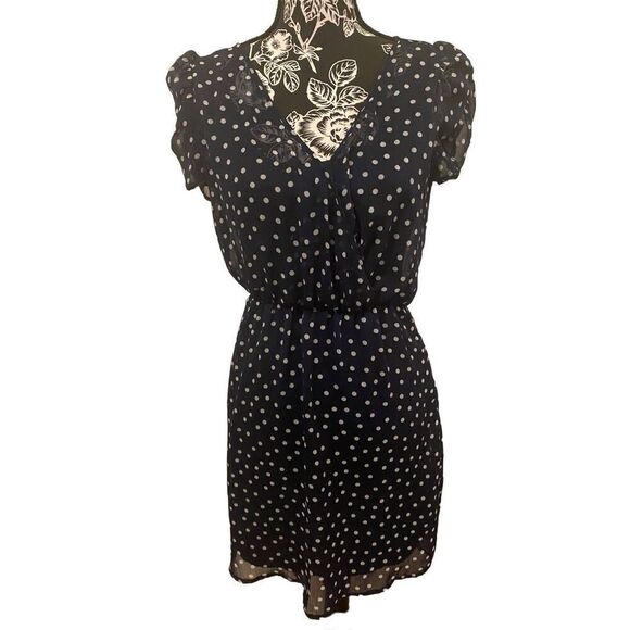Emerald Sundae Navy Polka Dot V-Neck Dress Sz Small - Picture 1 of 14
